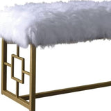 18" White and Gold Upholstered Faux Fur Bench