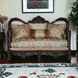 68" Cream And Brown Polyester Blend Damask Chesterfield Loveseat and Toss Pillows