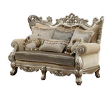 72" Cream And Platinum Polyester Blend Damask Chesterfield Loveseat and Toss Pillows