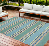 8'X10' Ocean Blue Hand Hooked Uv Treated Awning Stripes Indoor Outdoor Area Rug