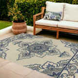 8'X10' Ivory Blue Hand Hooked Uv Treated Floral Medallion Indoor Outdoor Area Rug