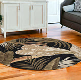 8' Midnight Black Hand Tufted Tropical Leaves Round Indoor Area Rug