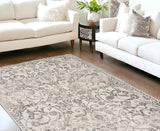 9'X13' Ivory Machine Woven Distressed Floral Vines Indoor Area Rug