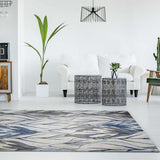 10'X13' Grey Navy Blue Machine Woven Tropical Leaves Indoor Area Rug