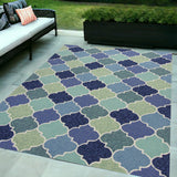 5'X8' Blue Hand Hooked Uv Treated Quatrefoil Indoor Outdoor Area Rug