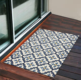 3'X5' Ivory Blue Hand Hooked Uv Treated Quatrefoil Indoor Outdoor Area Rug