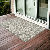 3'X5' Ivory Grey Hand Hooked Uv Treated Greek Key Medallion Indoor Outdoor Area Rug