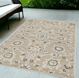 5'X8' Beige Grey Machine Woven Uv Treated Floral Traditional Indoor Outdoor Area Rug