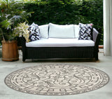 8' Ivory Grey Hand Woven Uv Treated Greek Key Medallion Round Indoor Outdoor Area Rug