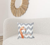 Flamingo And Gray Chevron Decorative Throw Pillow Cover.