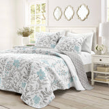 Full/Queen, Blue, Grey, Flowers, Light/Thin, Quilt, Set