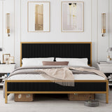 King size, Gold, Metal, Platform Bed, Frame, Black Velvet, Upholstered Headboard