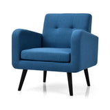 Mid-Century Modern Blue Linen Upholstered Accent Chair with Wooden Legs