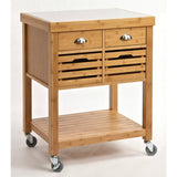 Stainless Steel Top Bamboo Wood Kitchen Cart with Casters