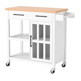 White, Kitchen Island, Cart, Wood Top, Storage Cabinet, Locking Casters