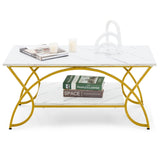 Modern, Faux, Marble, White/Gold, 2 Tier, Coffee, Table, Curved Legs