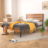 Queen Industrial Platform Bed Frame with Brown Wood Slatted Headboard Footboard