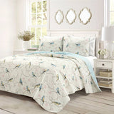 Full/Queen, Reversible, Polyester, Lightweight, Floral, Birds, 3 Piece, Quilt Set