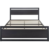 Full Black Metal Platform Bed Frame with Wood Panel Headboard and Footboard