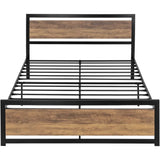 Full Metal Platform Bed Frame with Brown Wood Panel Headboard and Footboard