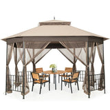 Outdoor 10 x 12 Ft Octagon Gazebo with Mosquito Net Sidewalls and Brown Canopy