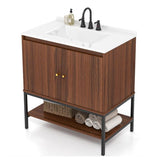 Modern, Walnut, Wood Finish, Bathroom Vanity, White Sink