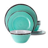 12-Piece, Melamine, Plates, Bowls, Dinnerware Set, Turquoise Blue, Service for 4