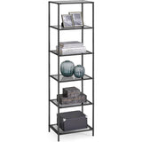 Narrow, Glass Shelves, Bookcase, 5-Shelf, Shelving Unit, Black Grey, Metal Frame