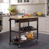 Black, Kitchen, Island Cart, Wood Top, 2-Shelves Drawer, Locking Wheels